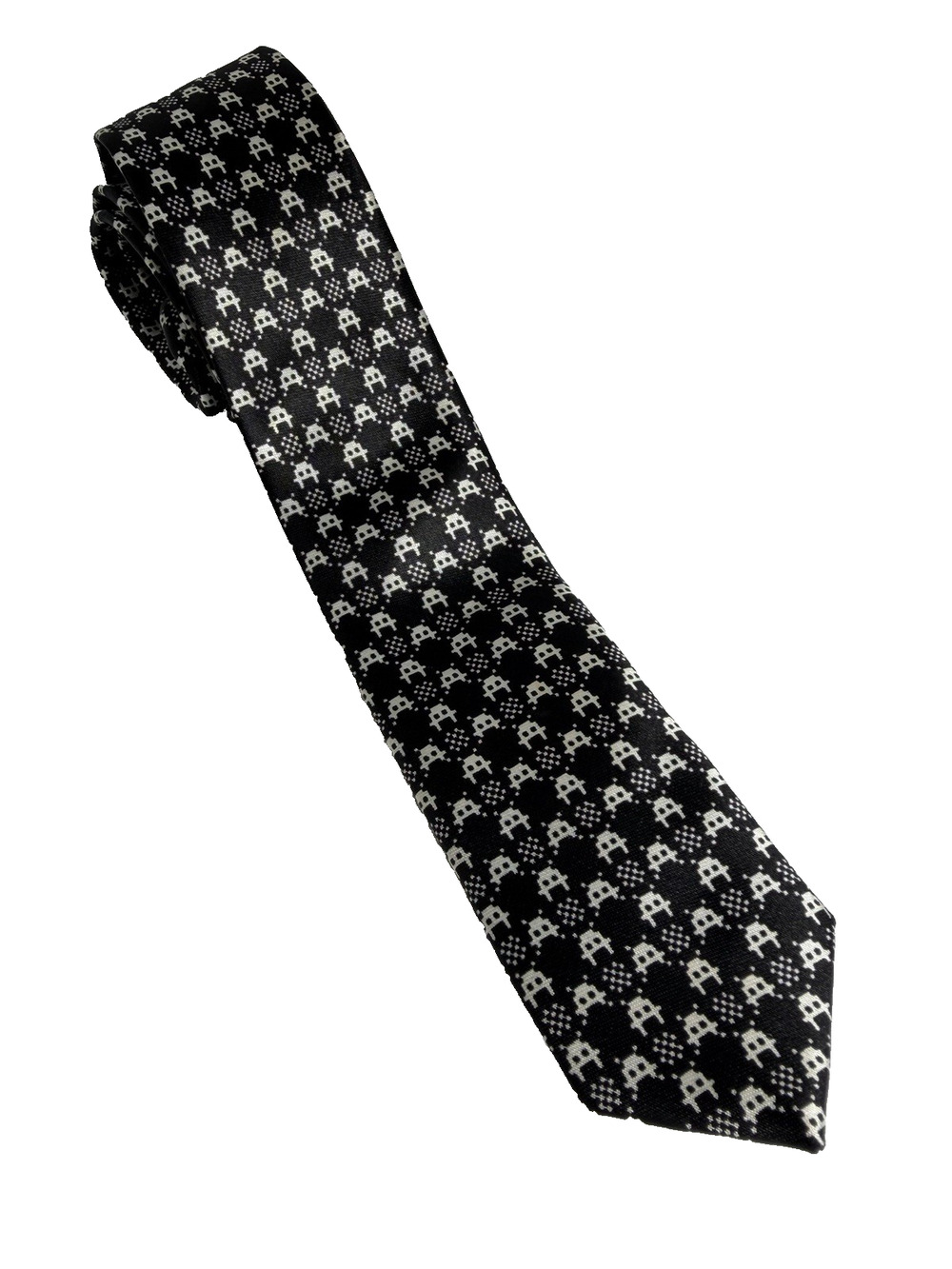 Black Tie Geek Space Invaders Skinny Tie Black White Gamer Necktie